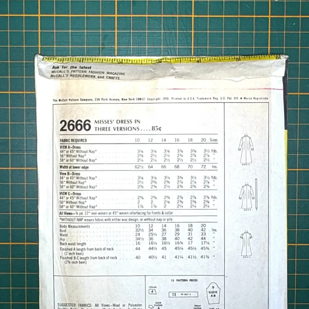 Vintage 1970 McCall's 2666 Sewing Pattern Misses' A Line Dress Mod Shirtdress